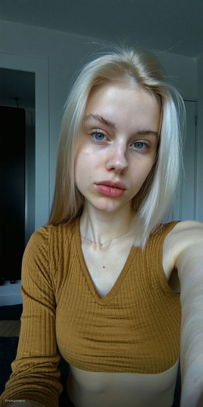 AI generated: Candid iPhone front camera selfie of a young adult European-looking woman indoors.
Arm’s-length self...