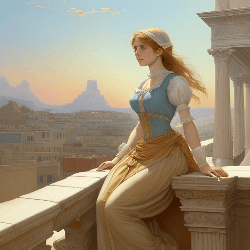 AI generated:  Woman on the roof, 1884 by louis carroll, in the style of classical elegance, light aquamarine and ...
