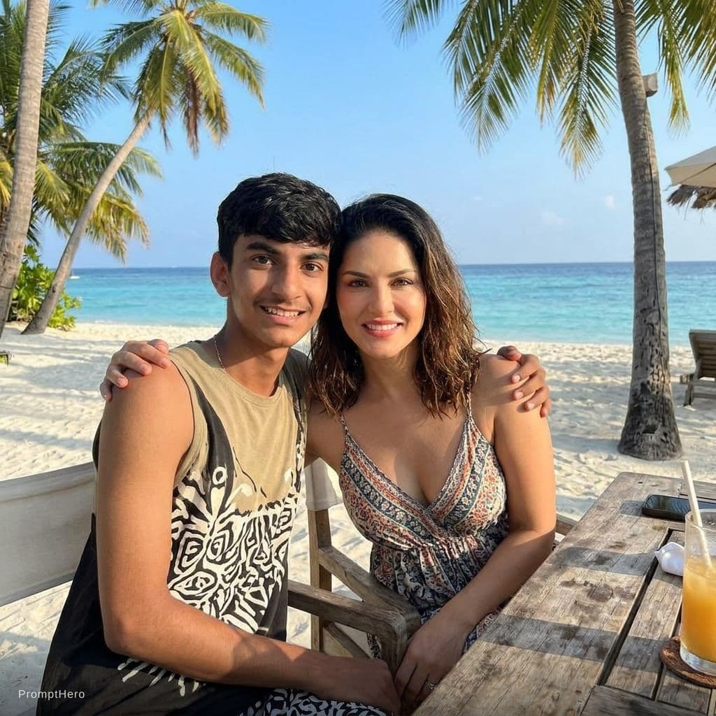 AI generated: with sunny leoneat a tropical beach, sunny day, both smiling