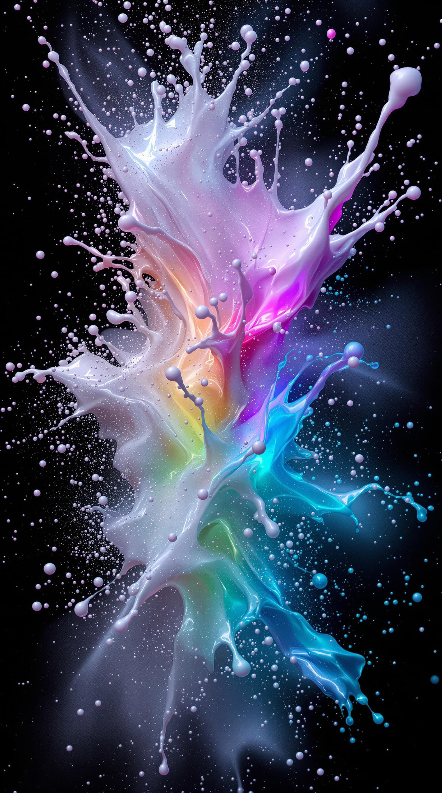 AI generated: holographic milky fluid splashes, hq abstract background fine art, from left out of the picture into...