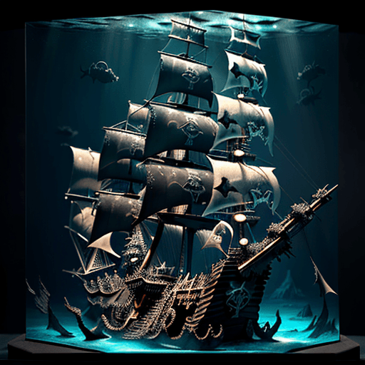 AI generated: Three layered underwater Tornado with a black pirate ship at the top and monster Wellen at the botto...