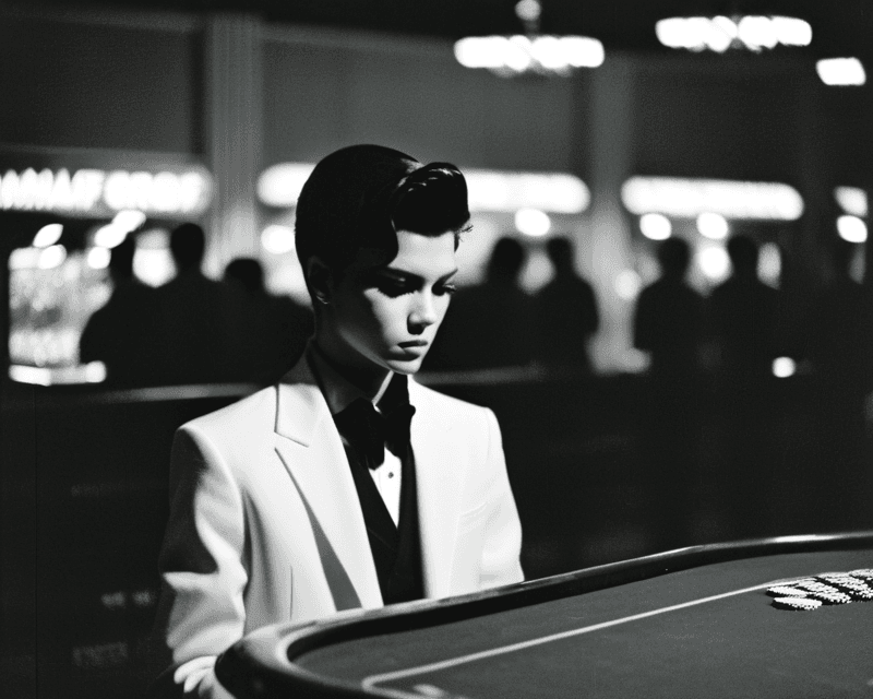 AI generated: AnalogRedmAF, black and white disposable photo, silhouette of a sad slender drag king in casino, sha...
