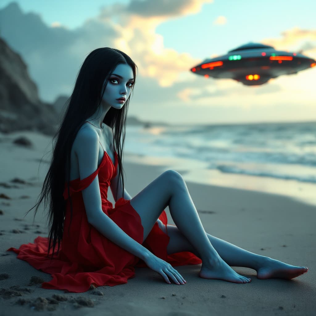 AI generated: Full body view of A fashion photo of a young alien princess with long black hair, blue skin, black e...