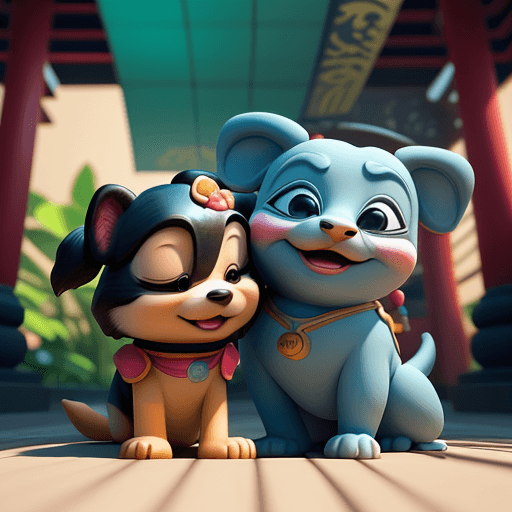 AI generated:  A very cute Disney character, cuddling her playful dog (companion) , in a beautiful Asian temple, s...