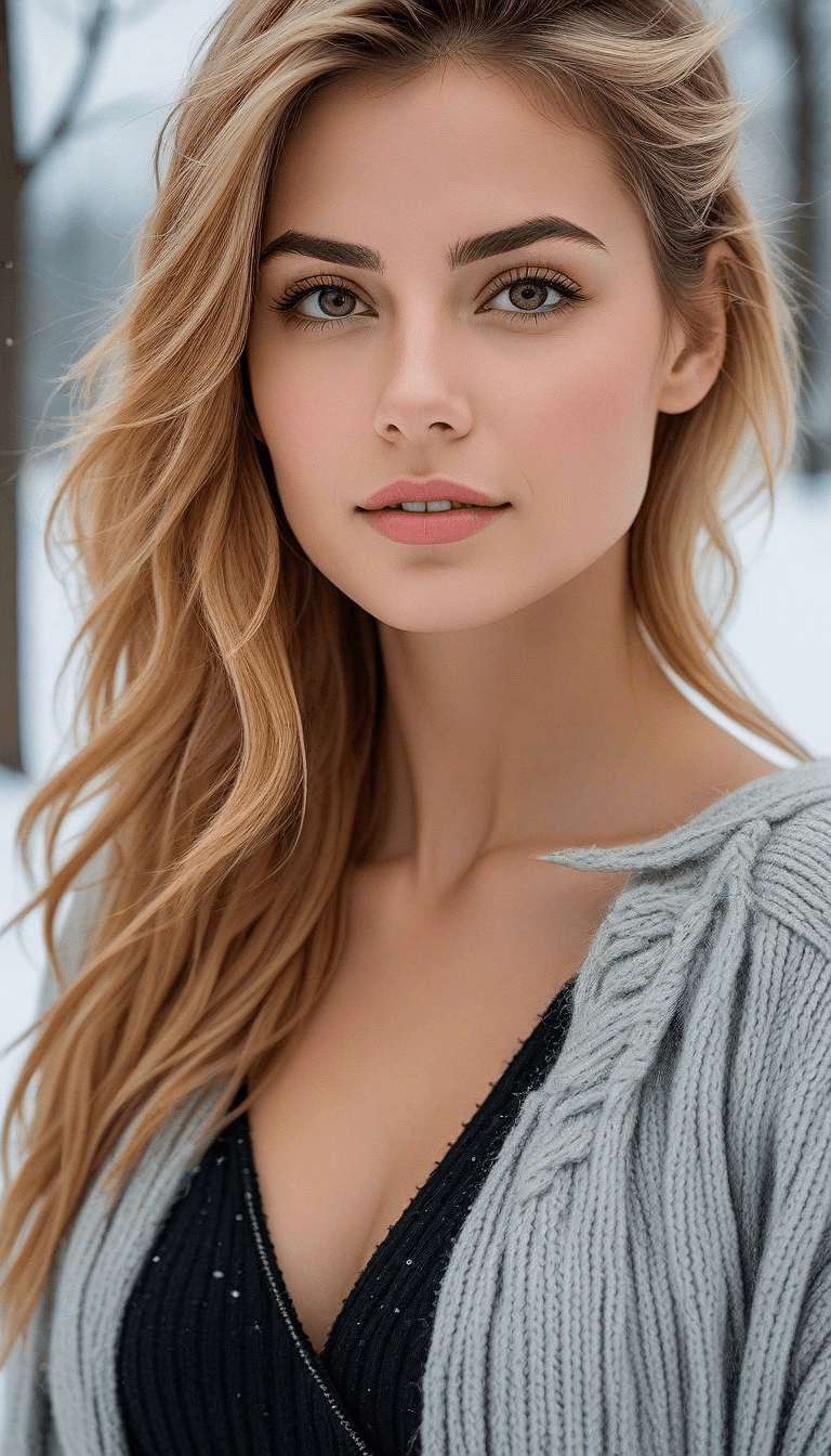 AI generated: An image of a young woman with a glowing complexion and honey blonde wavy hair. Her eyes are brightl...