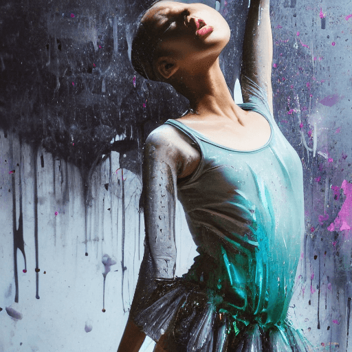 AI generated: Urban Ballerina with tutu and body from balenciaga, Dripping paint across the shape :: realistic cha...
