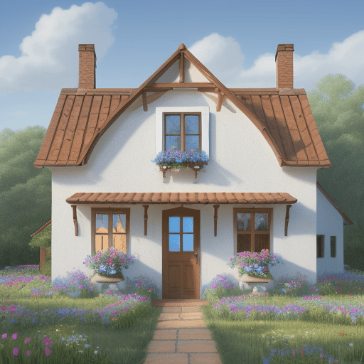 AI generated: Create a drawing of a one-story house from a children's story, white with blue windows and flowers i...