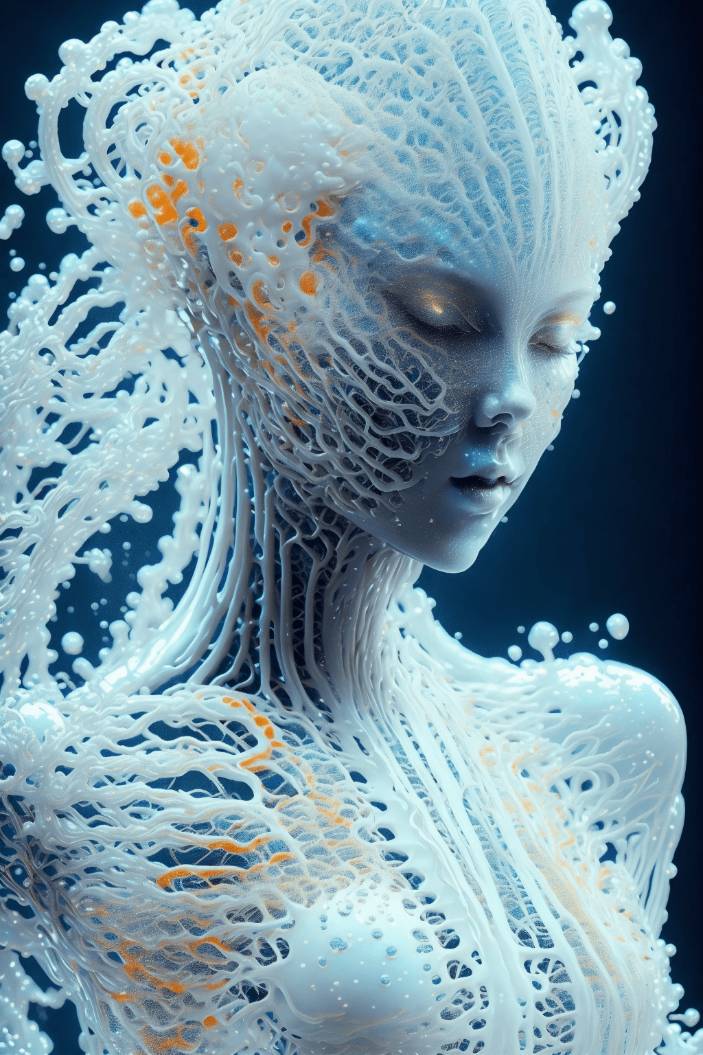 AI generated: ranslucent women in biomechanical body, liquid cooling, intricate circuits, beautiful, elegant, whit...