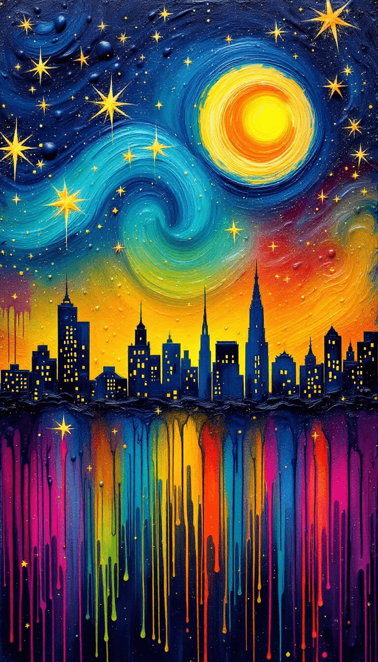 AI generated: A mesmerizing starry night sky and futuristic city skyline, sculpted entirely from thick, dripping, ...
