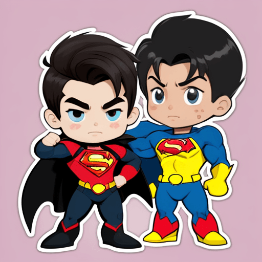 AI generated: sticker of cute boy like cartoon heroes with dark hair wearing superhero costumes