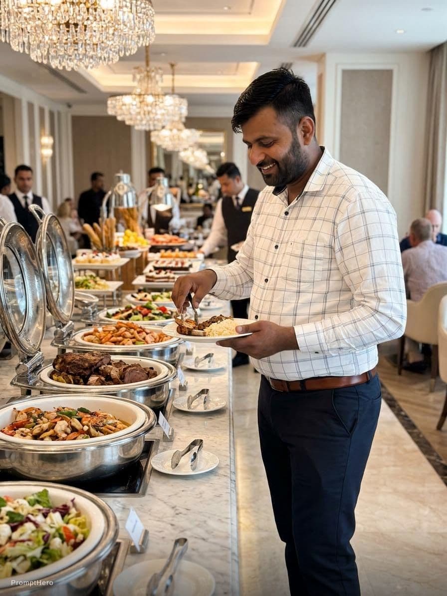 AI generated: Buffet food eating in 5 star hotel