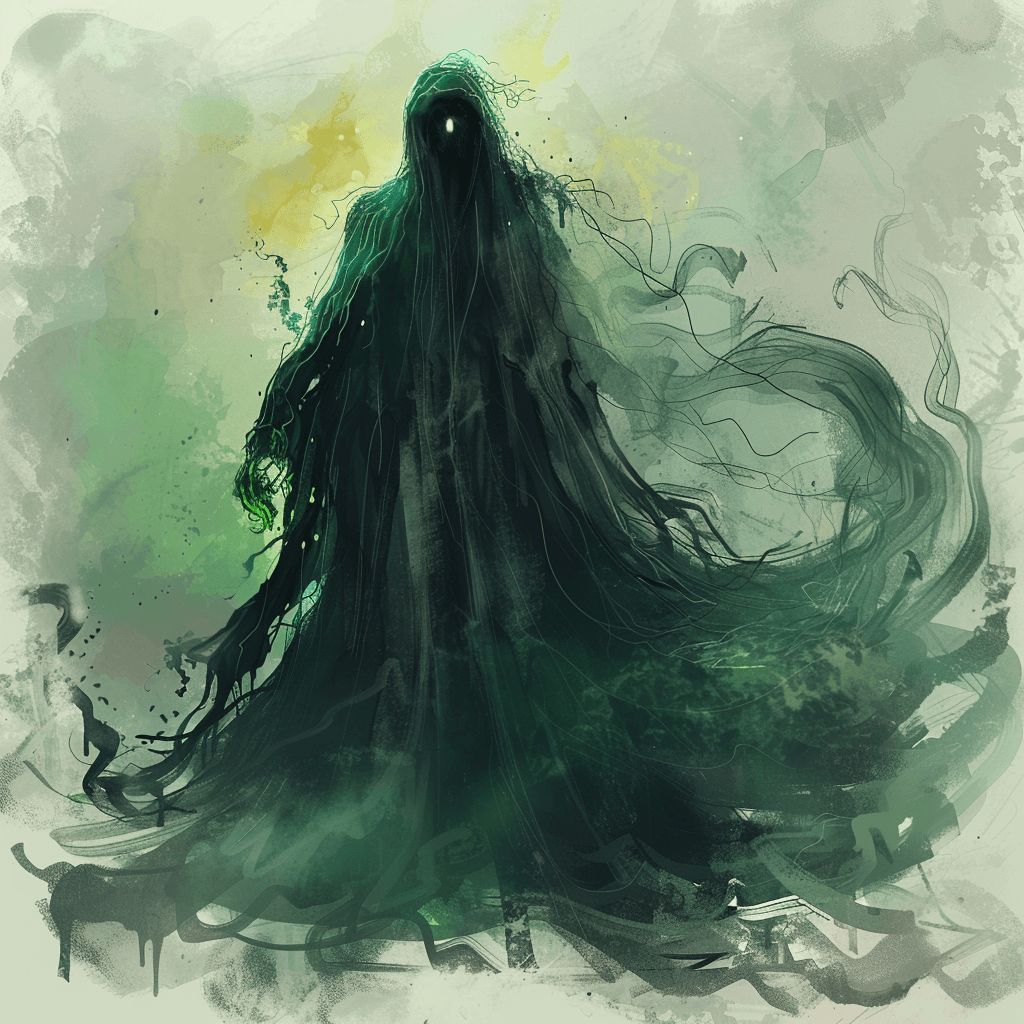AI generated: Design a spectral walker in the style of Greg Rutkowski, using black and emerald tones in a watercol...