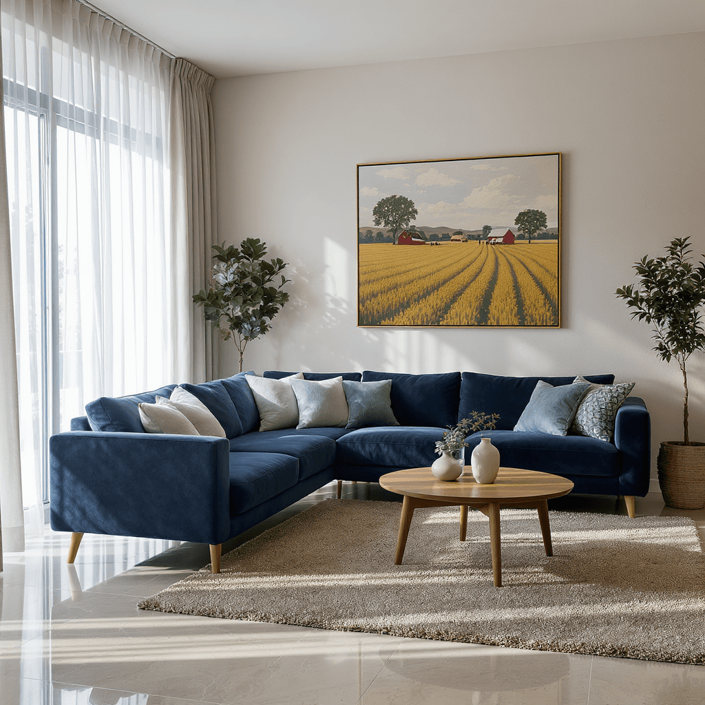 AI generated: photograph, contemporary lounge, morning, polished tile slab, rug features, Farming illustration art...