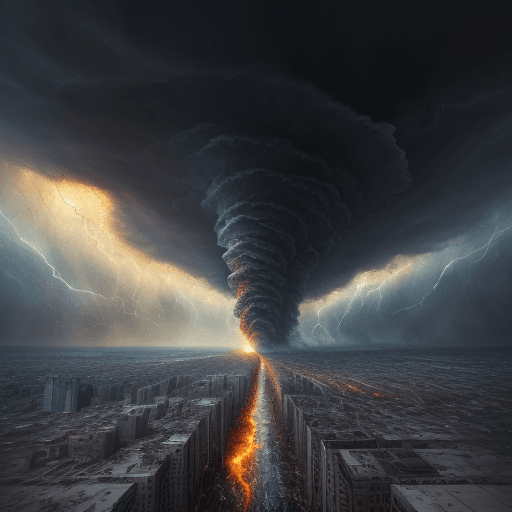 AI generated: a 1child standing, sadness, oil painting, a massive swirling tornado swept through city, ultra-wide ...
