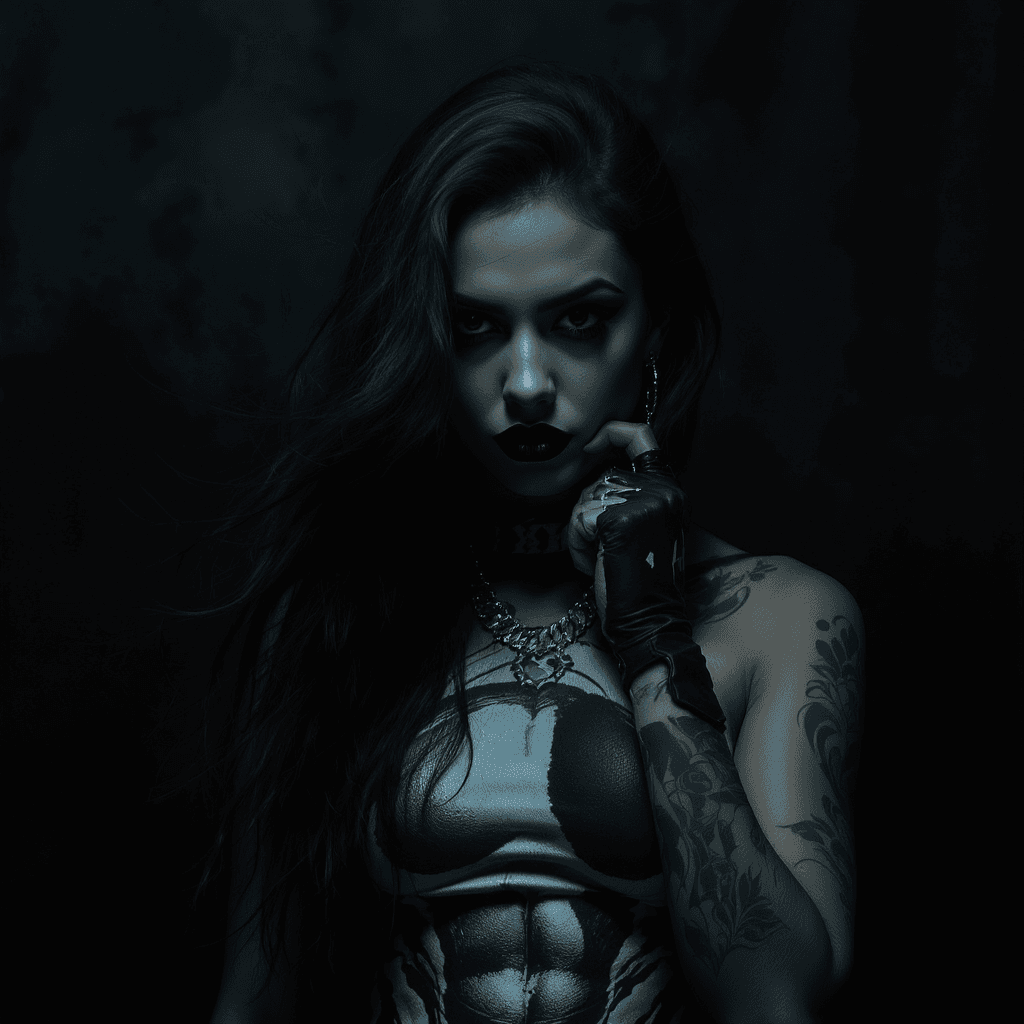 AI generated: a moody, cinematic photograph of a mysterious female rapper with lush, long hair cascading down her ...