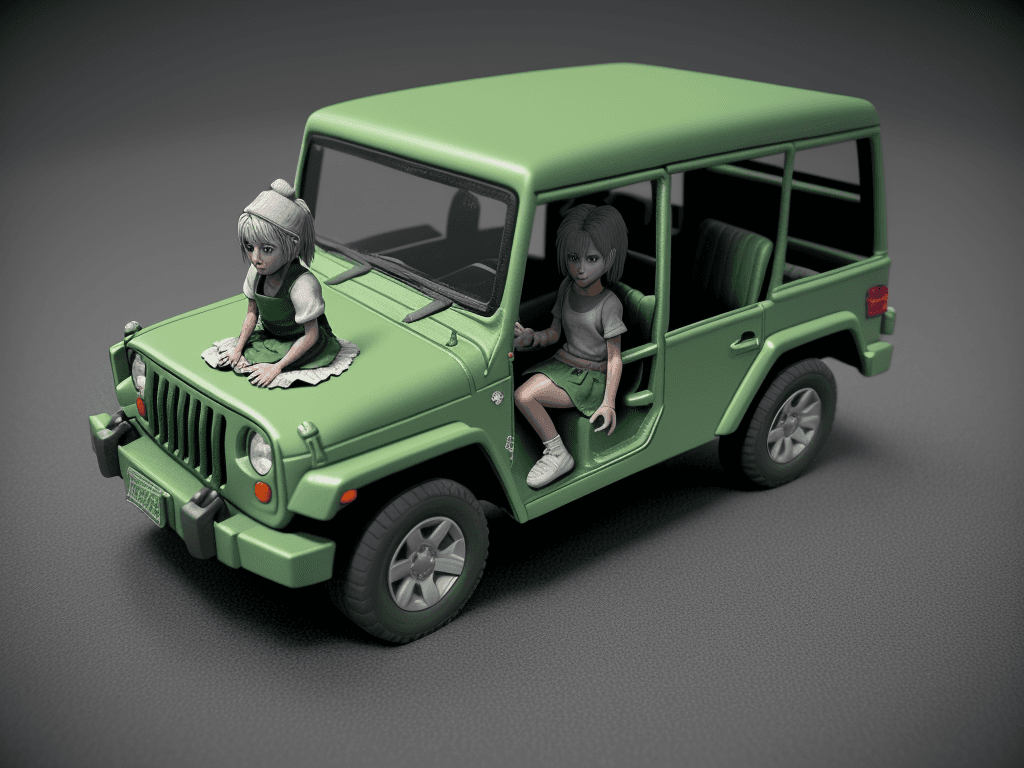 AI generated: Make a 3D miniature where there is a green jeep in the middle of the road, on the hood a little 6-ye...