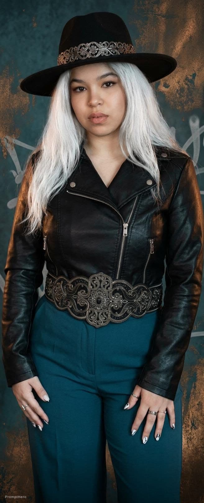 AI generated: a woman with white hair wearing a tight black jacket and a hat, in the style of mashup of styles, li...