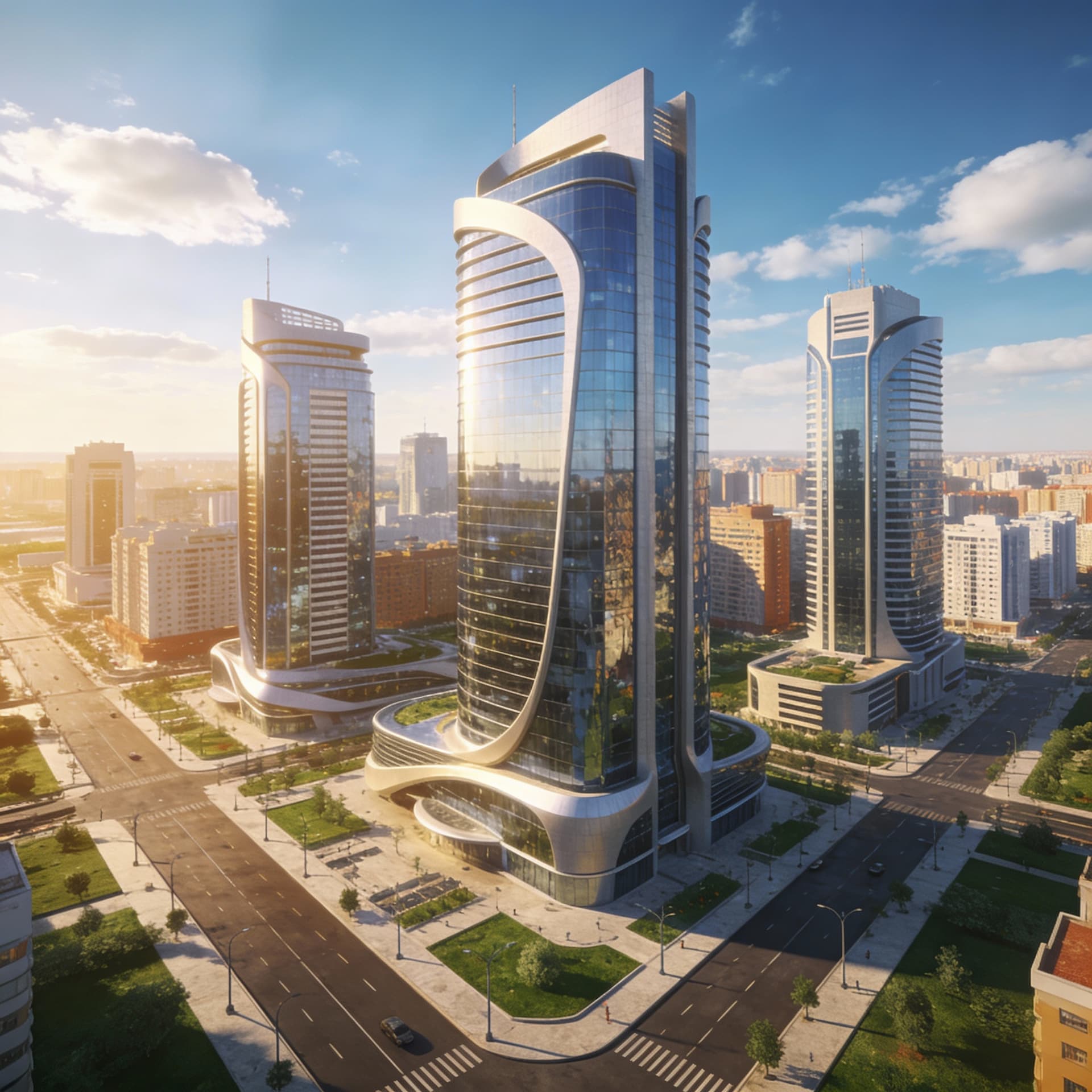 AI generated: Атырау через 2050 жыл.көшелері таза биік биік ғимараттар
