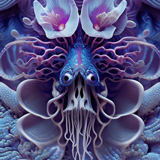 AI generated: Goddess close-up portrait ribcagel. jellyfish phoenix head, nautilus, orchid, skull, betta fish, bio...