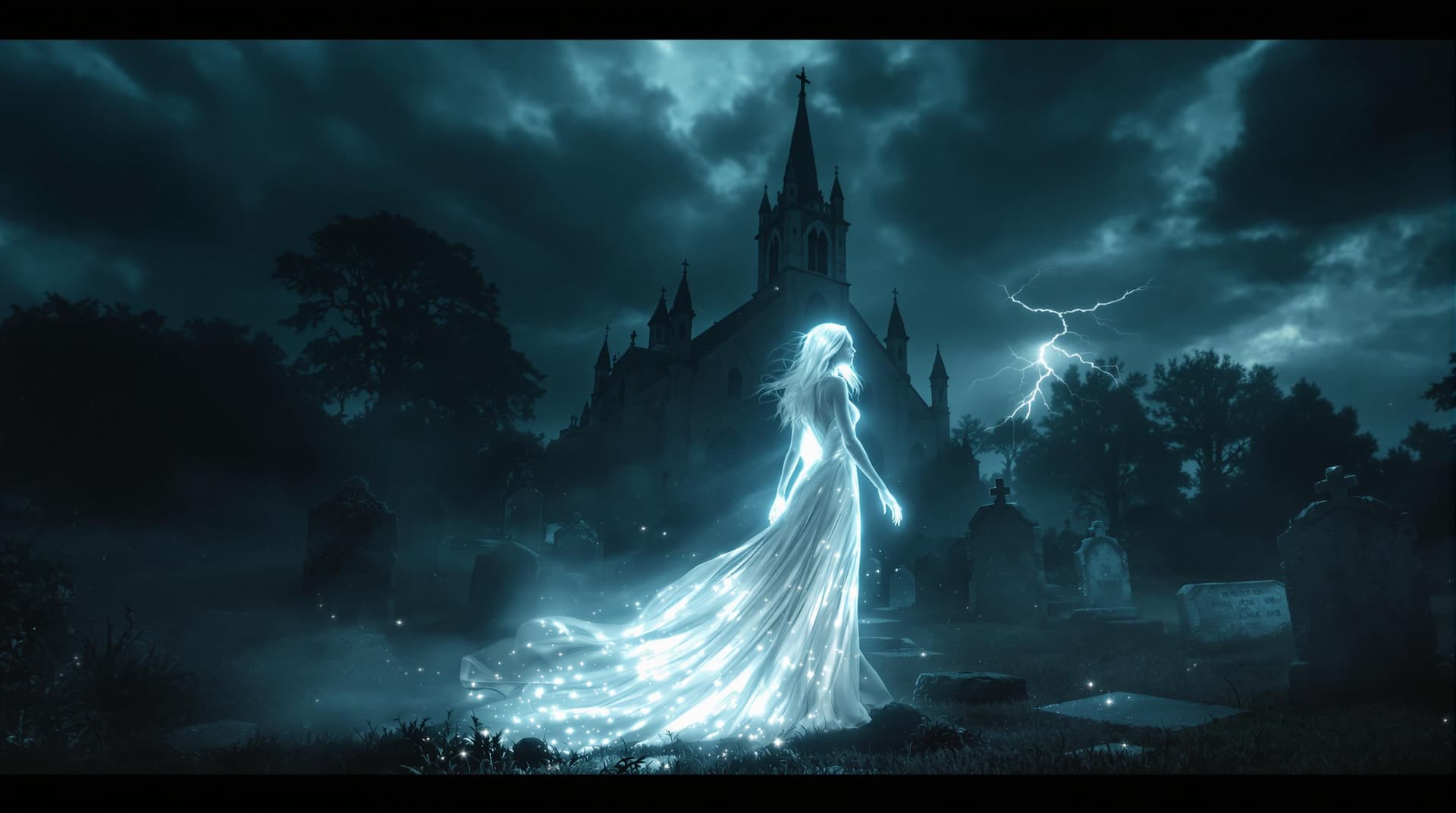AI generated: a hauntingly beautiful scene of an an almost transparent, diaphanous translucent ethereal woman in a...