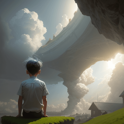 AI generated: A boy in foreground back angle stting inside a cave full of grassy algae plants on the walls, shrubs...