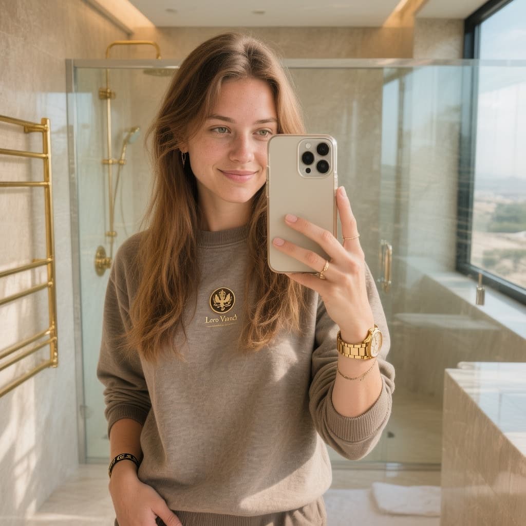 AI generated: Create an ultra-photorealistic horizontal (landscape) mirror selfie of a young adult woman (mid-20s)...