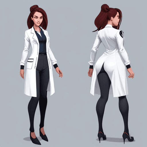 AI generated: Facility admin, open lab coat, formal, female, stylized, lineart, game concept art, concept art, dyn...