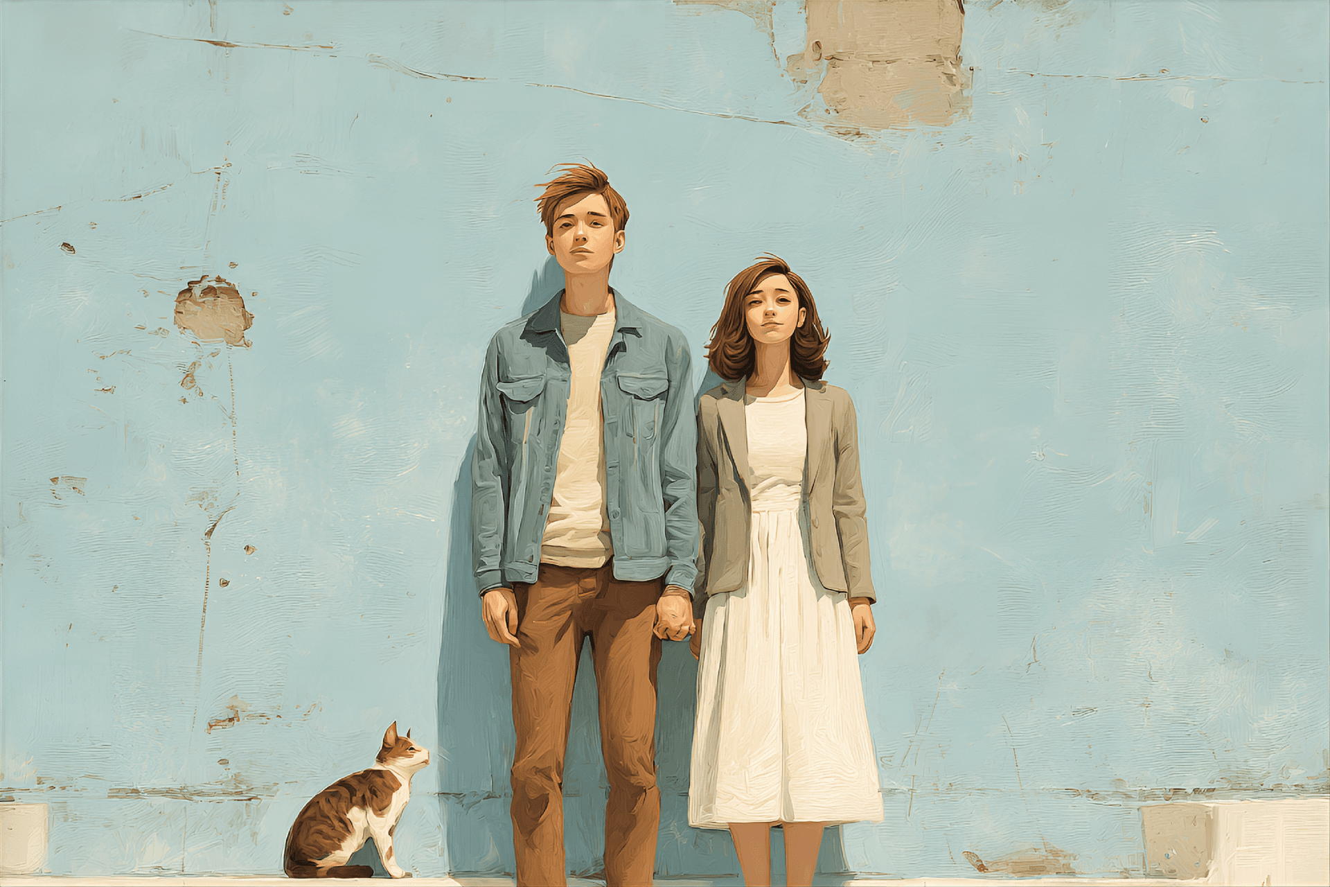AI generated: painting of two young adults, likely Caucasian, standing side-by-side, facing a light-blue wall.  Th...