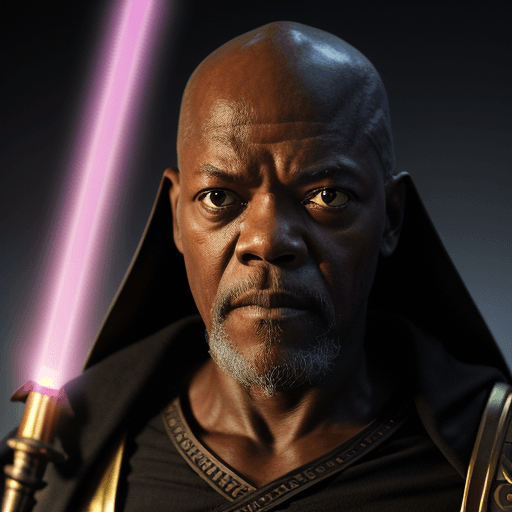 AI generated: portrait of young Samuel L. Jackson as Mace Windu, no glassess, white beard, glowing eye balls , wit...