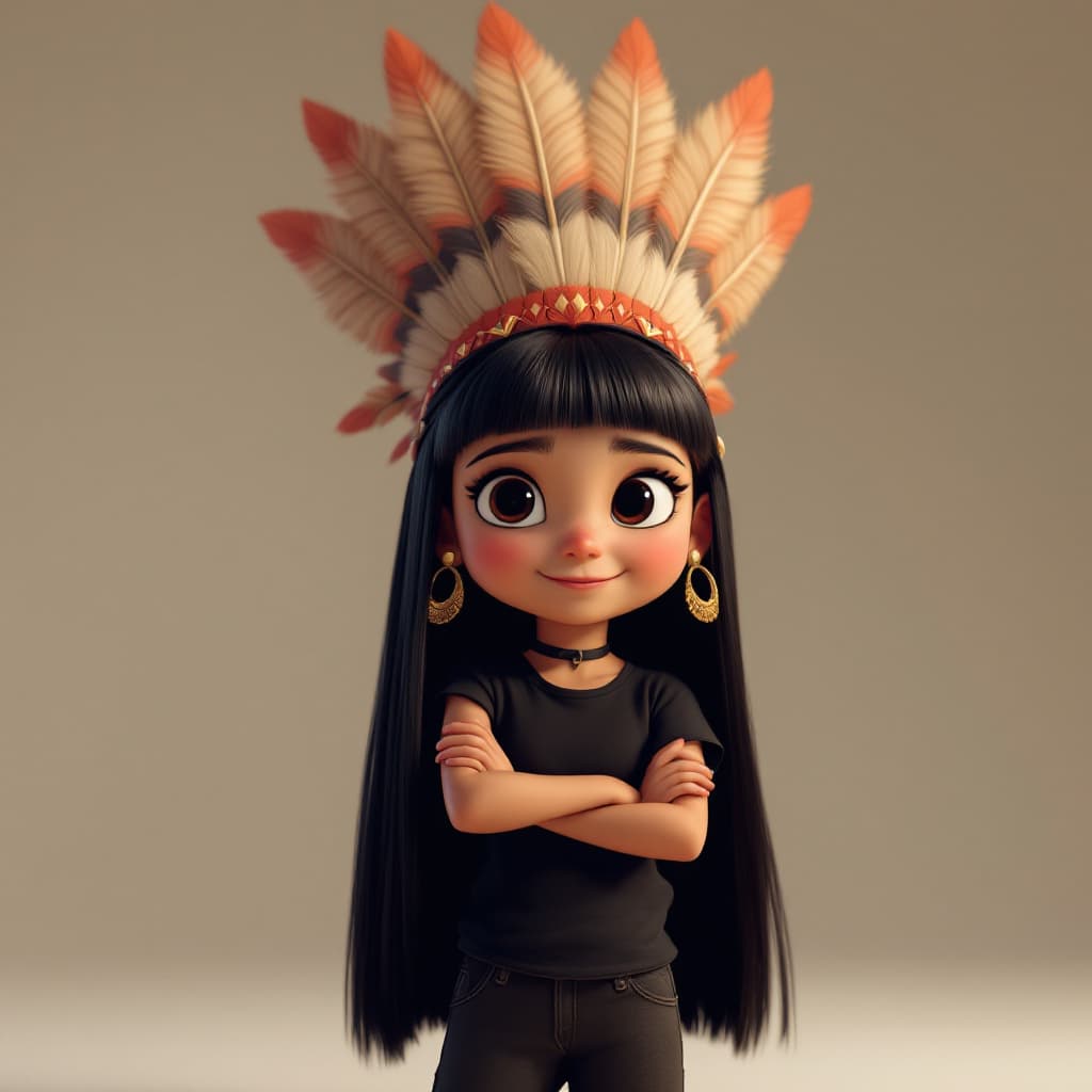 AI generated: A Disney Pixar 3D digital art of a charming and cute young girl with long straight black hair, a bla...