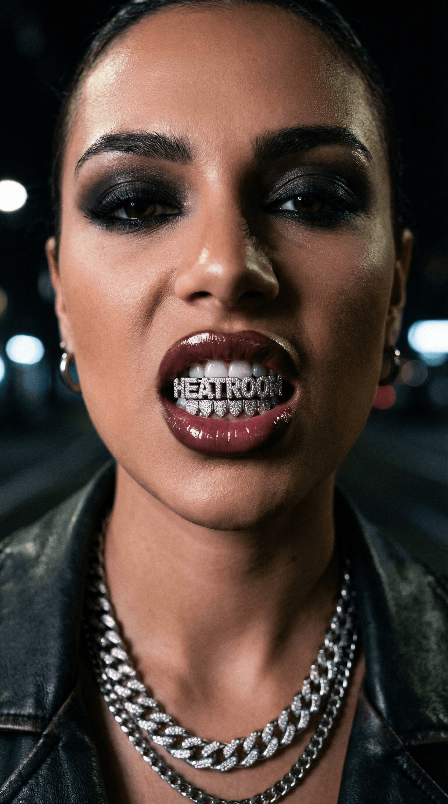 AI generated: Close-up portrait of a bad girl woman with a seductive, confident expression. Dark, smoky eye makeup...