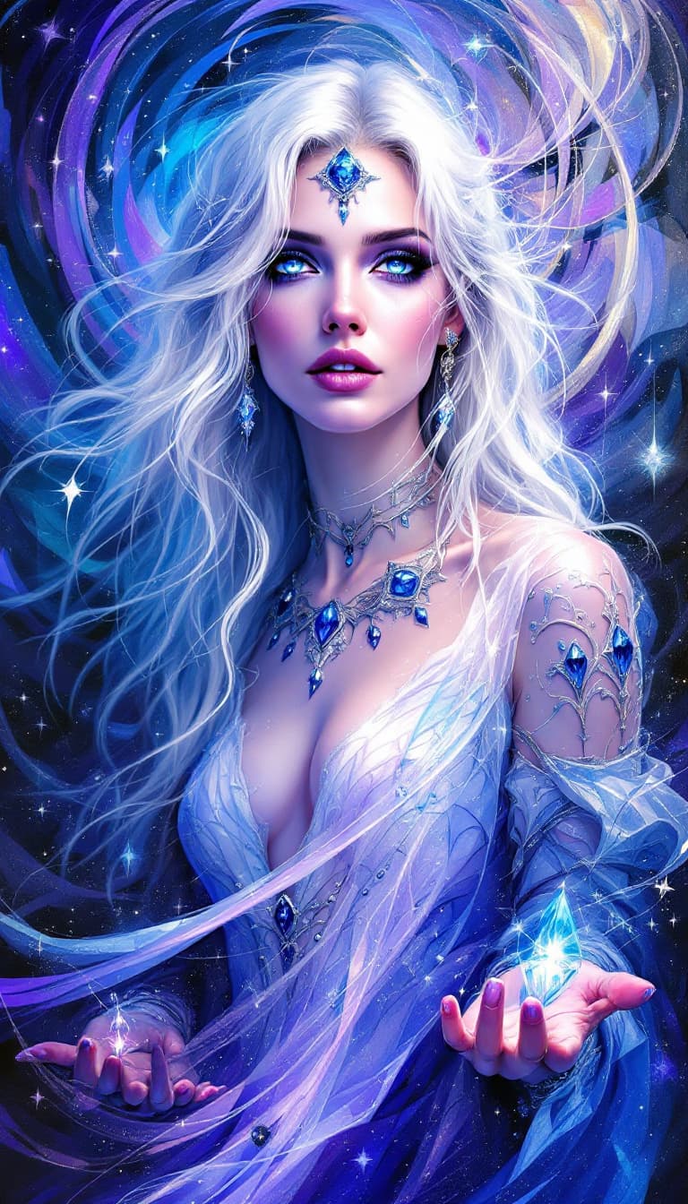 AI generated: "Sapphire Seer in a Mystical Realm": A mesmerizing abstract painting portrays a seer, with a blend o...
