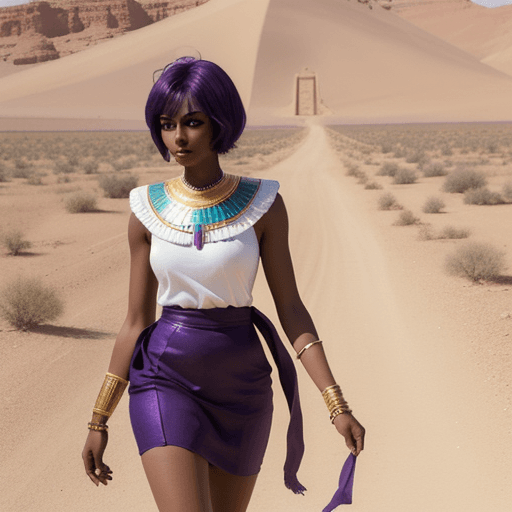 AI generated: Dark skinned Egyptian queen with purple short hair walking in the desert drawn by Jujunaught