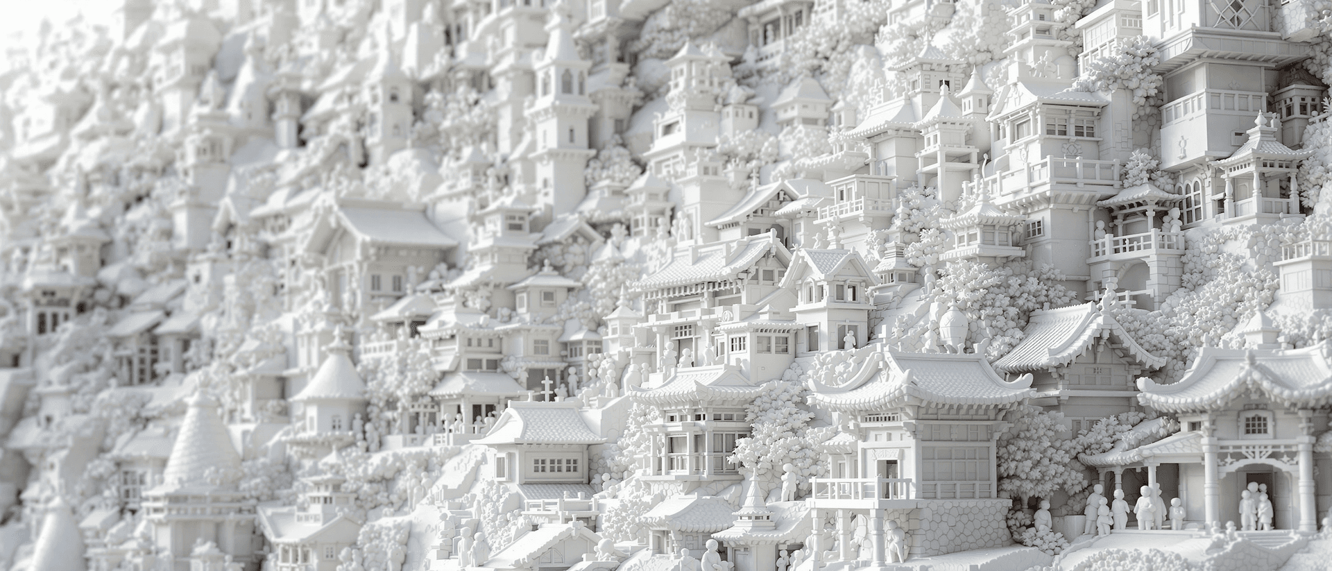AI generated: intricate amazing japan village wall white clay sculpture, octane render