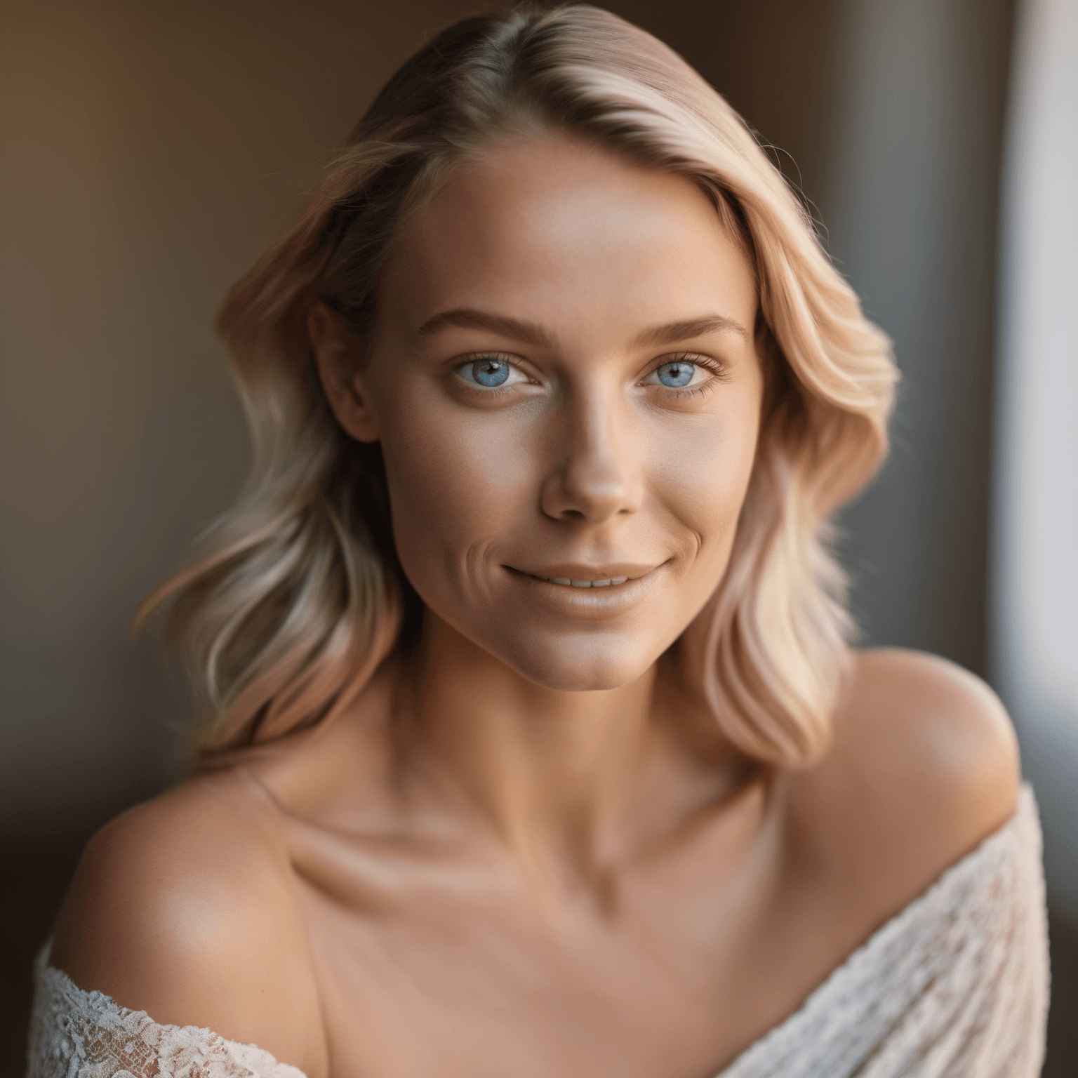 AI generated: An effervescent 35-year-old with a flawless complexion and radiant blue eyes is bathed in soft, natu...