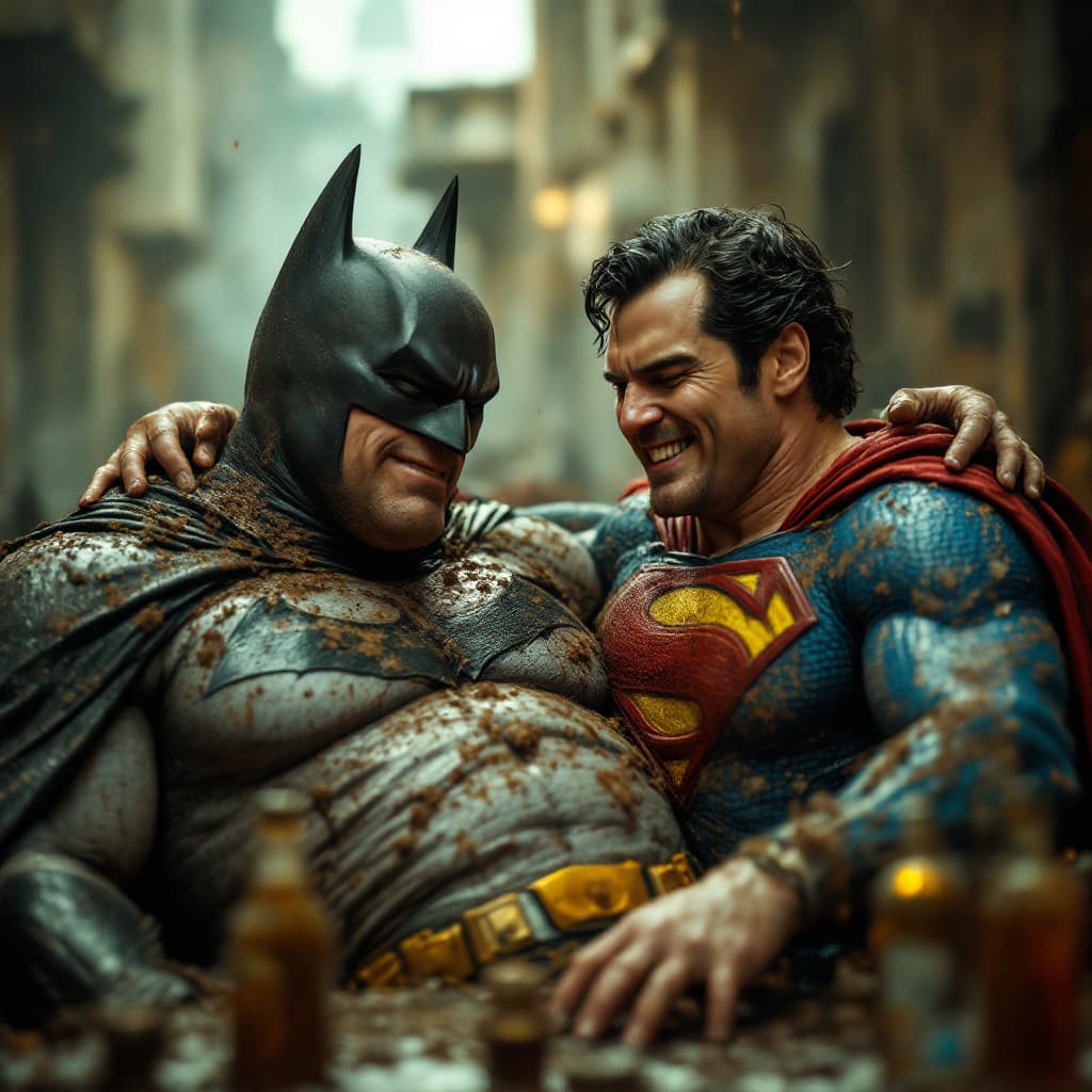 AI generated: photography, medium shot of a batman and superman drunk, laughing very fat, the suits are muddy, dir...