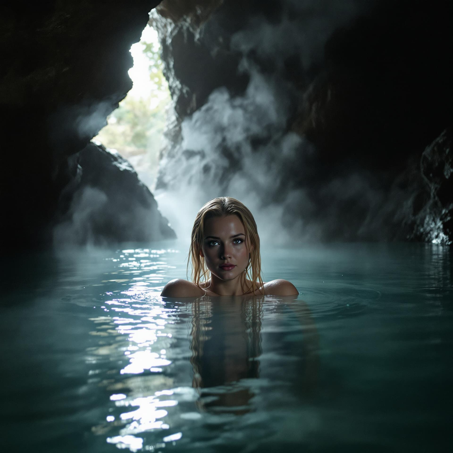 AI generated: hot spring inside a dimly lit cave, steam rises from the water, a woman with long wet blonde hair sw...