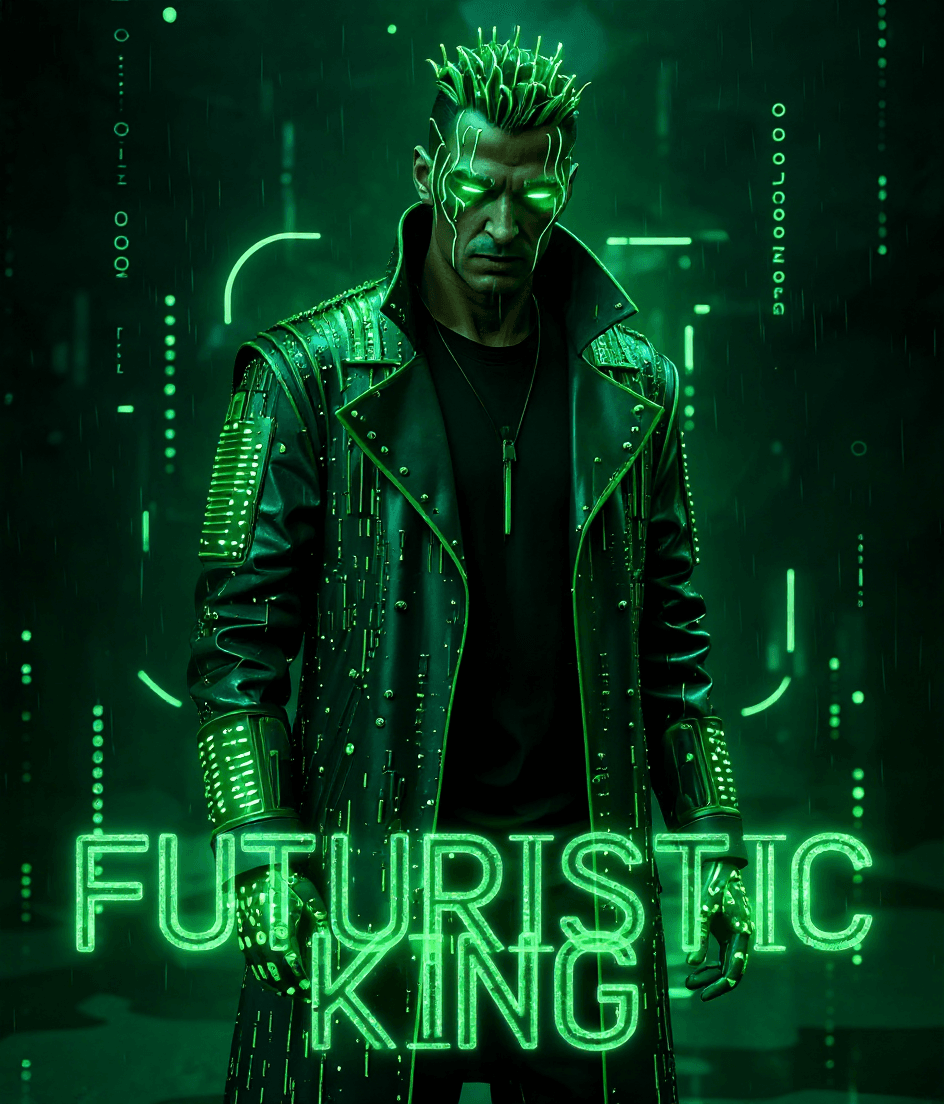 AI generated: Biomasculance,movie poster,the film “futuristic king” in green matrix style,flowing dots,no backgrou...
