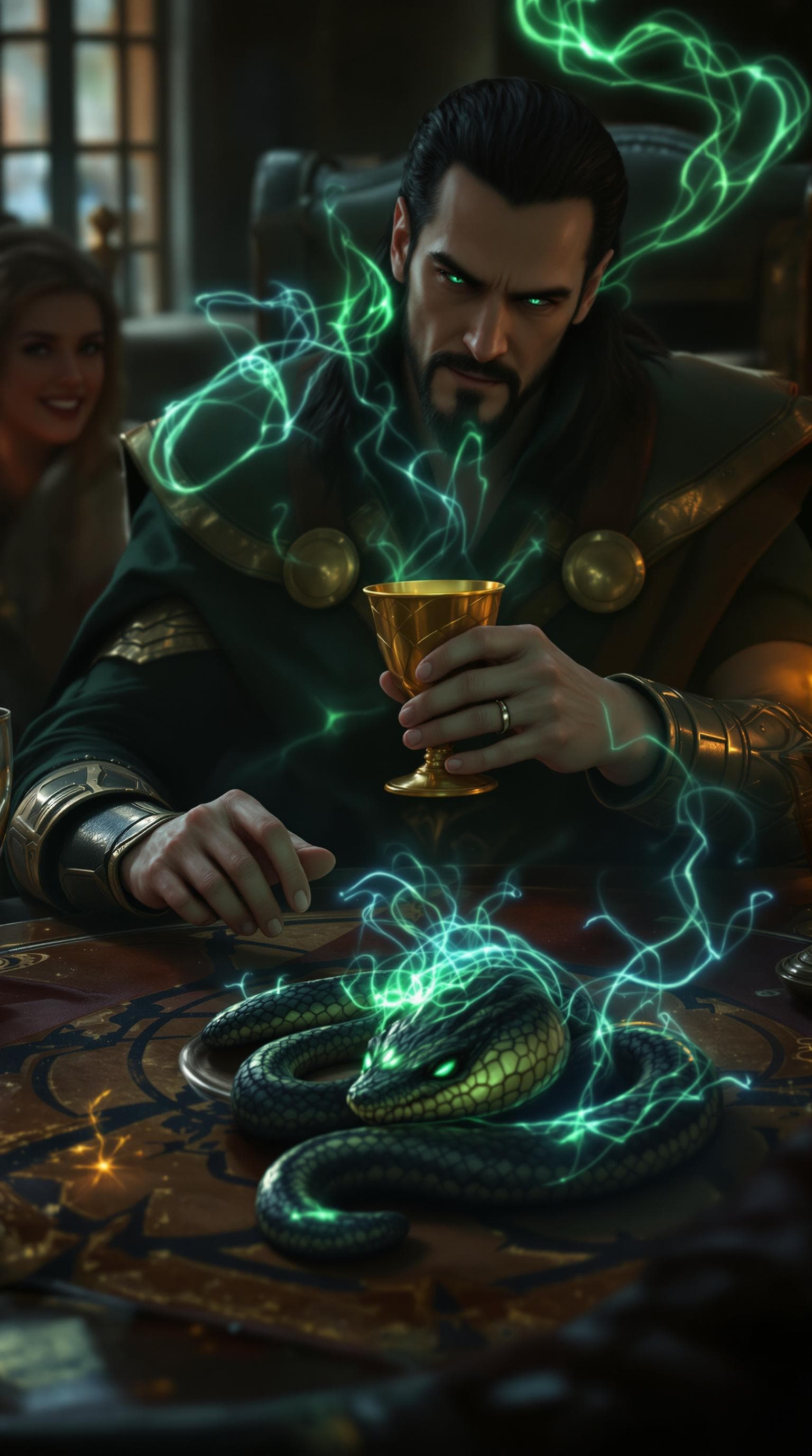 AI generated: First-person POV, Loki’s hand grazes the edge of a golden goblet, slowly twirling it between his fin...