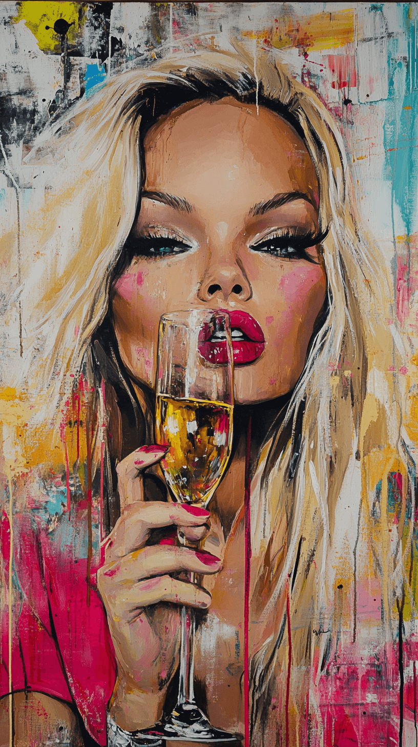AI generated: Popart painting of pamela anderson holding a Glas of champagne, modern, abstract, dripping, graffiti...