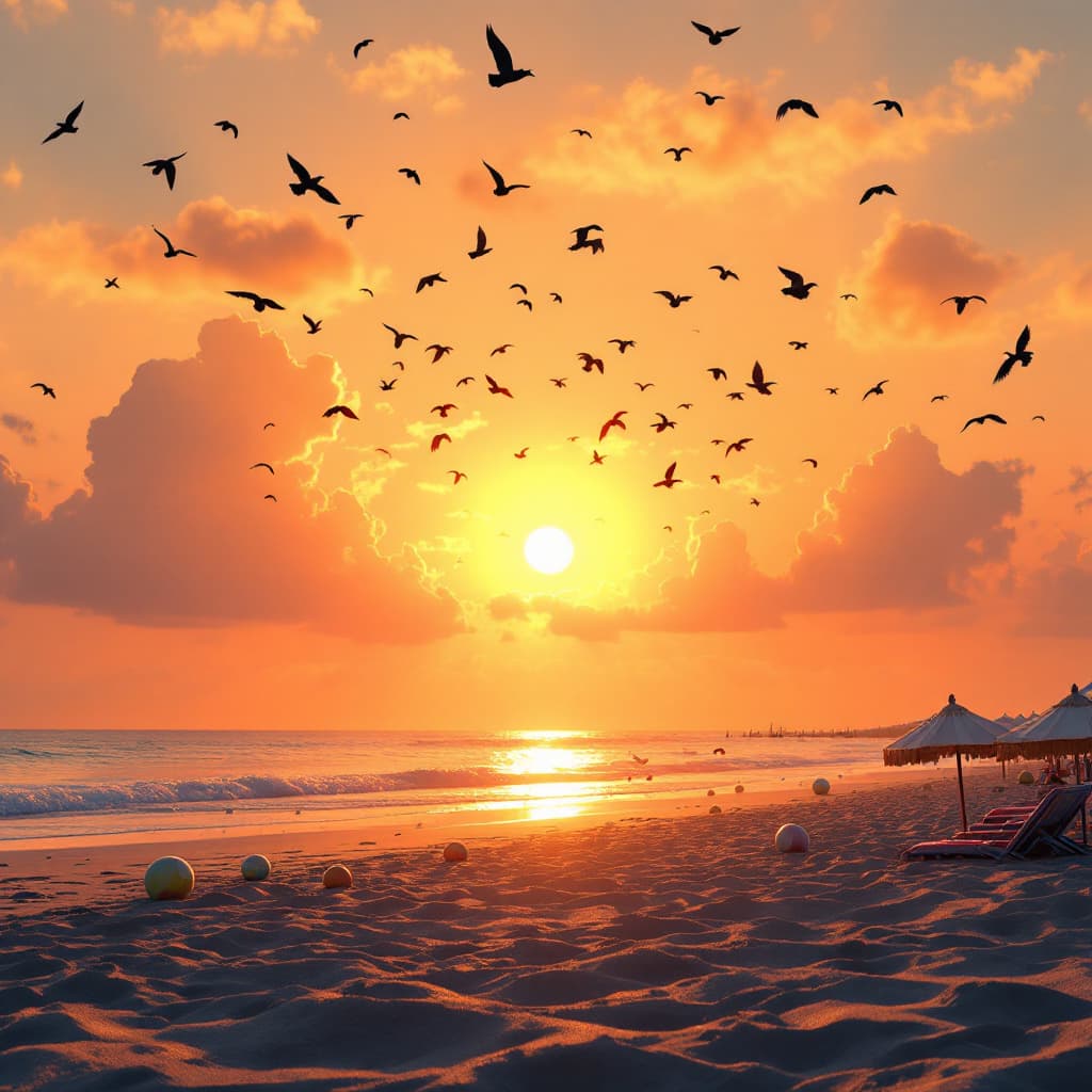 AI generated: High resolution photography, sunset at the beach, birds over the sky, warm lighting, beach balls and...