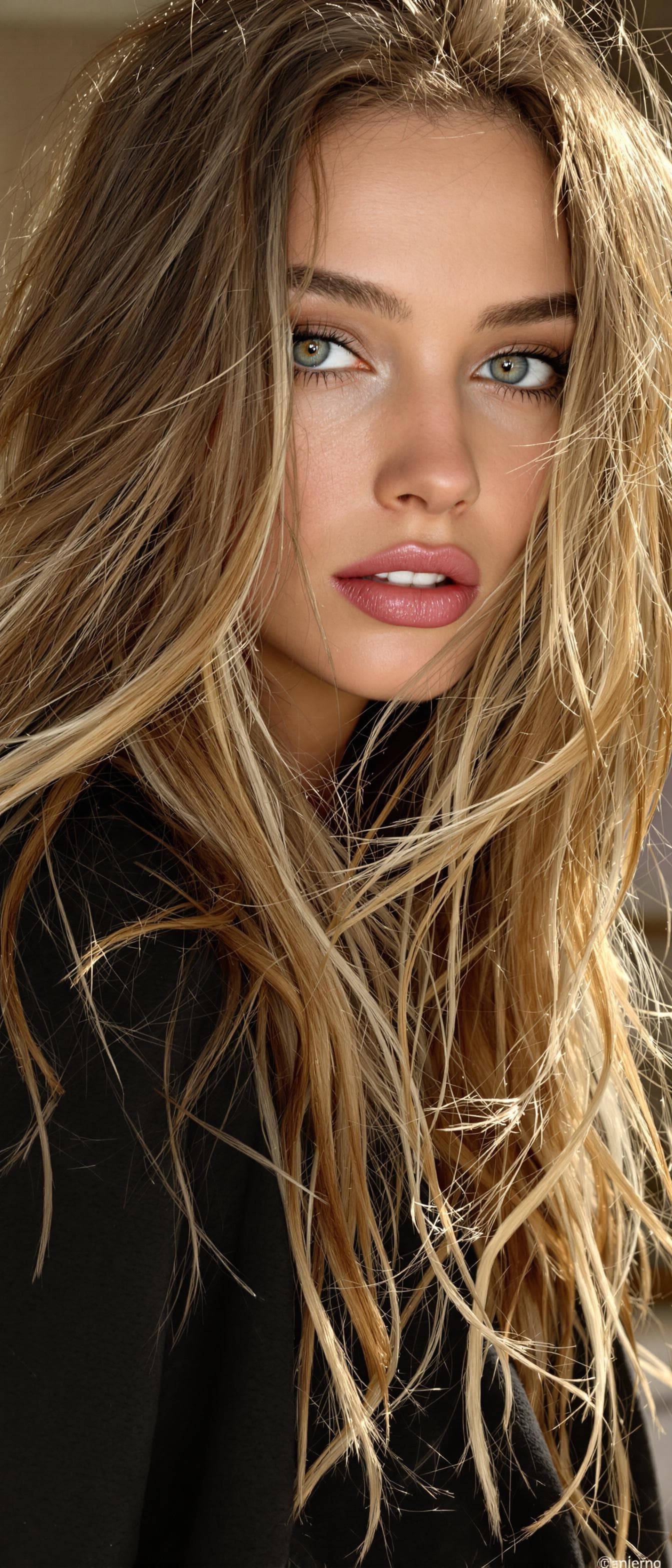 AI generated: "Professional portrait photograph, Sony A1 50.1MP, 70mm prime lens.  A slender lithe supermodel, ear...