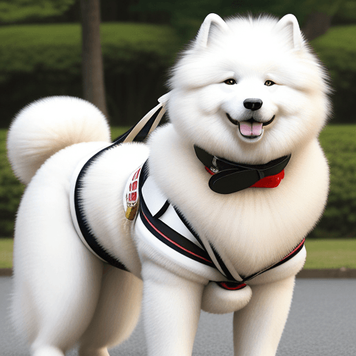 AI generated: samoyed dog facing me waering a white kimono and a black belt around his waist