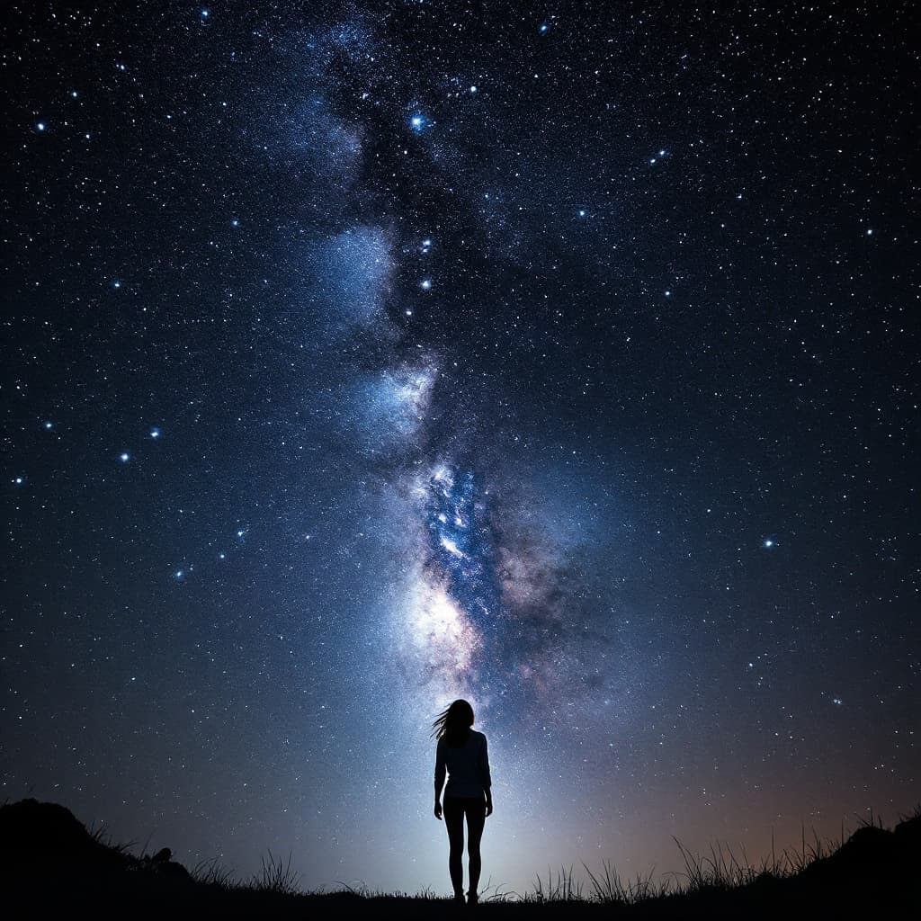 AI generated: A woman standing under a infinite sarry sky, the point of view in ground level from behind her looki...