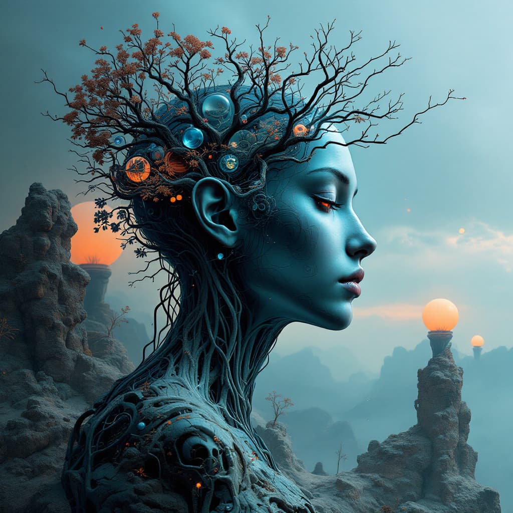 AI generated: A side profile of a human face, morphed with tree-like branches and swirling patterns, in a surreal,...