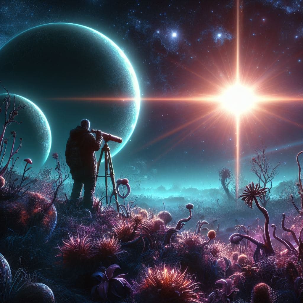 AI generated: on a distant alien planet, sureal beautiful, shiny, glowing, a dying star illuminates the terrestria...
