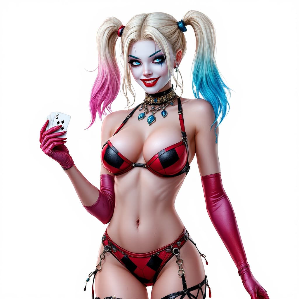 AI generated: Harley Quinn full body long shot,  with crystal blue eyes, pretty face,  sexy pose in  her  original...
