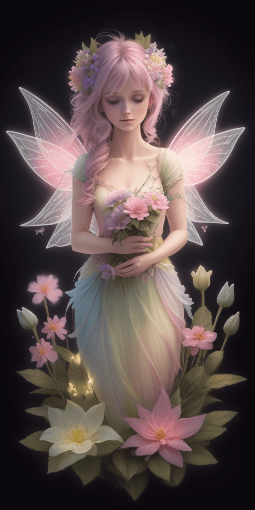 AI generated: fairy with flowers, pastel colors, extremely detailed, lights, glow, flowers