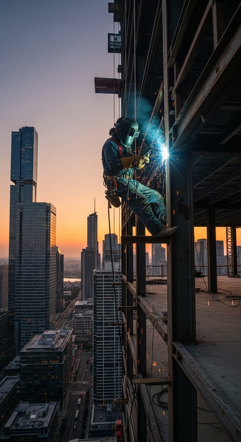 AI generated: realistic full body image:  construction worker, welding the steel frame of a 50 story building 