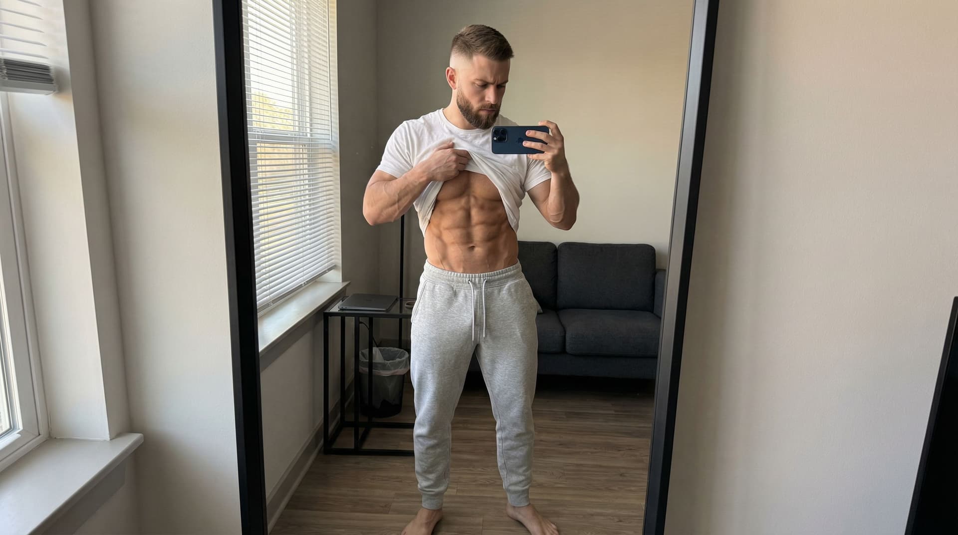 AI generated: Photorealistic full-body mirror selfie of a very muscular, lean and shredded young man in his early ...